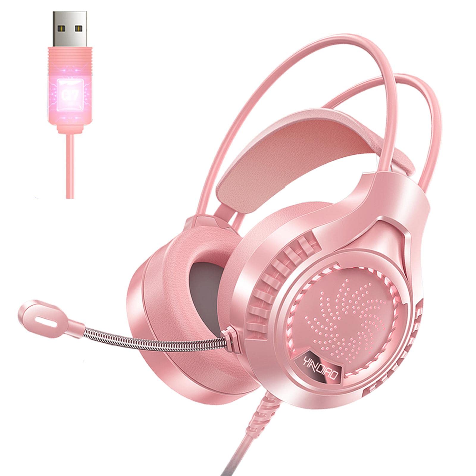Gaming Headset Soft Earmuffs Noise Canceling with Light for Phone Office USB 7.1 Pink |Headsets|Computers/Tablets & Networking-image-33