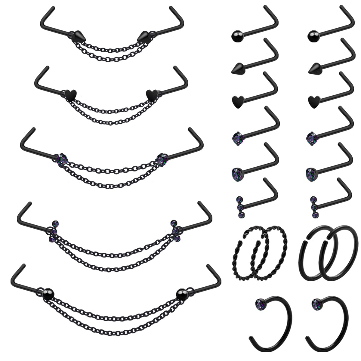 Kiethleasa 20G Nose Ring Piercing Chain Stainless Steel Across Nostril Jewelry With CZ Hoop Bone Screw L Shaped Stud for Women Men High Bridge Jewelry