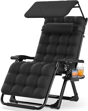 Suteck Zero Gravity Chair with Canopy, Reclining Camping Lounge Chair w/Removable Cushion, Upgraded Lock and Cup Holder, Reclining Patio Chairs Folding Recliner for Indoor and Outdoor