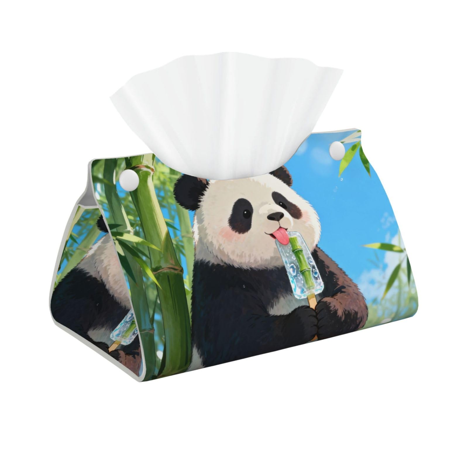 Panda eating Long Leather Tissue Box Cover-Waterproof PU Leather Tissue Holder for Bathroom, Decorative Rectangular Tissue Case
