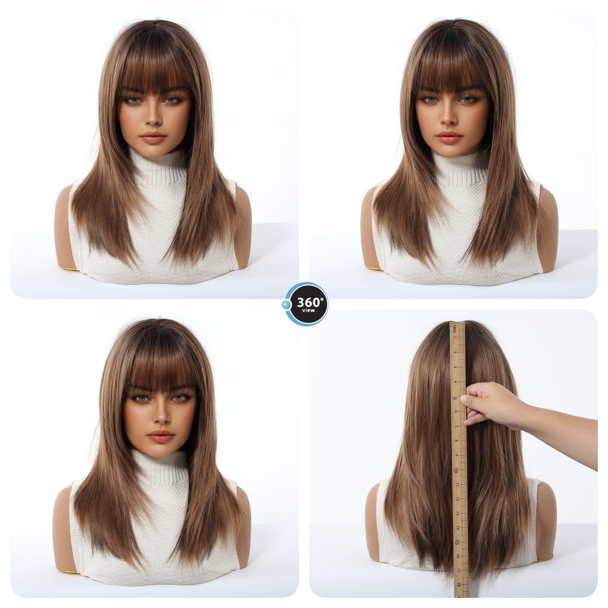 Layered Ombre Brown Gray Collarbone Human Hair Wigs for Women Medium Length Straight with Bangs Face Framing Lightweight Natural Youthful Look Glueless Daily Wear (Light Brown)