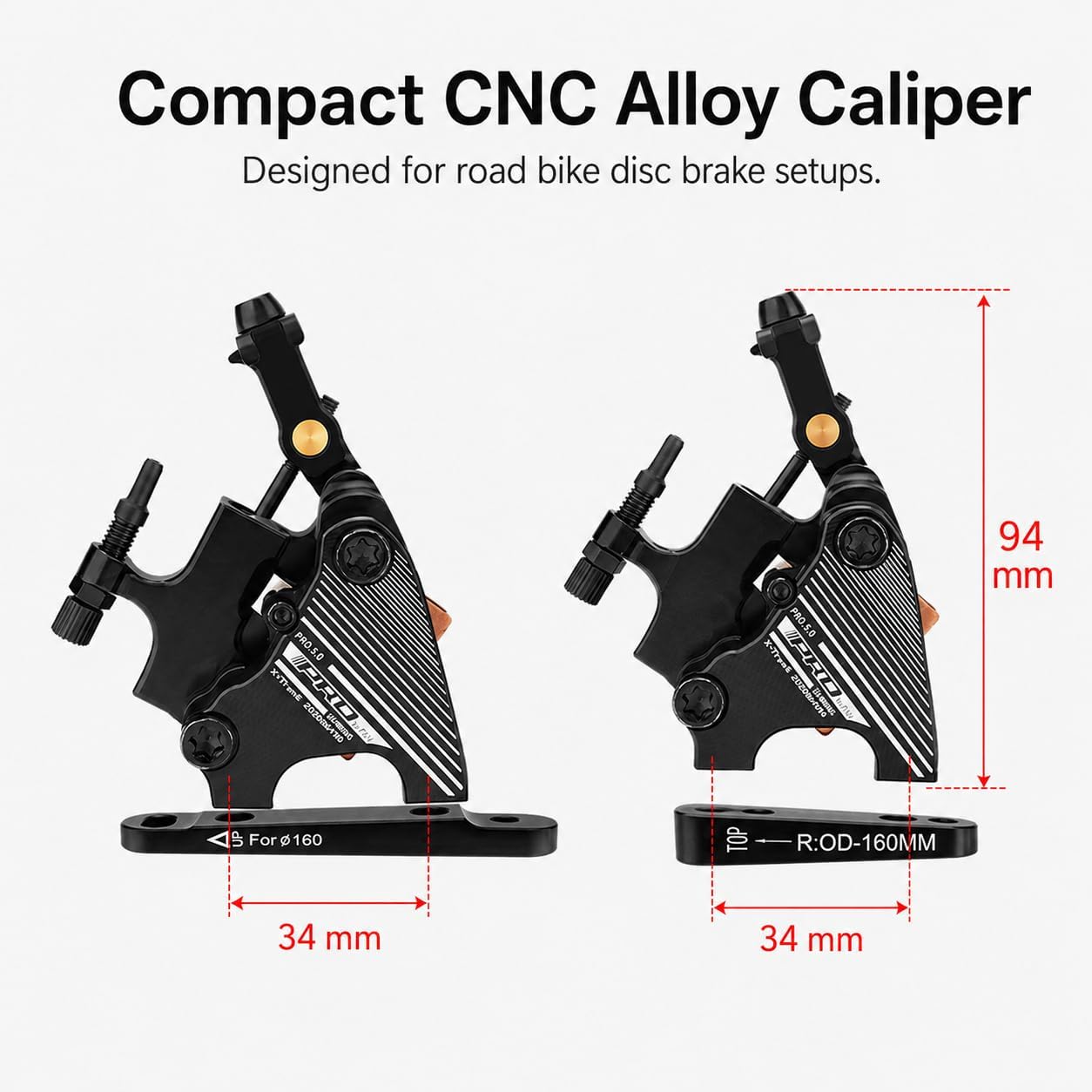 5.0 Cable-Actuated Hydraulic Disc Brake Caliper, Road Bike Mechanical Hydraulic Brake Caliper, Dual-Piston Aluminum Alloy Bike Disc Brake Caliper Compatible with 140mm/160mm Rotors, 7 Colors