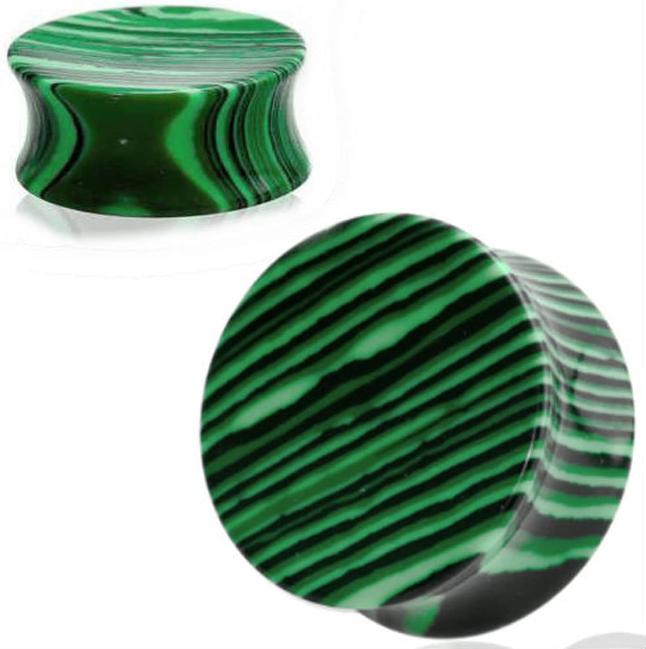 Green Malachite Line Agate Stone Organic Double-Sided Flare Gauges/Plugs/Tunnels 28mm 2 Pieces (1 Pair) (B/5/1/5)