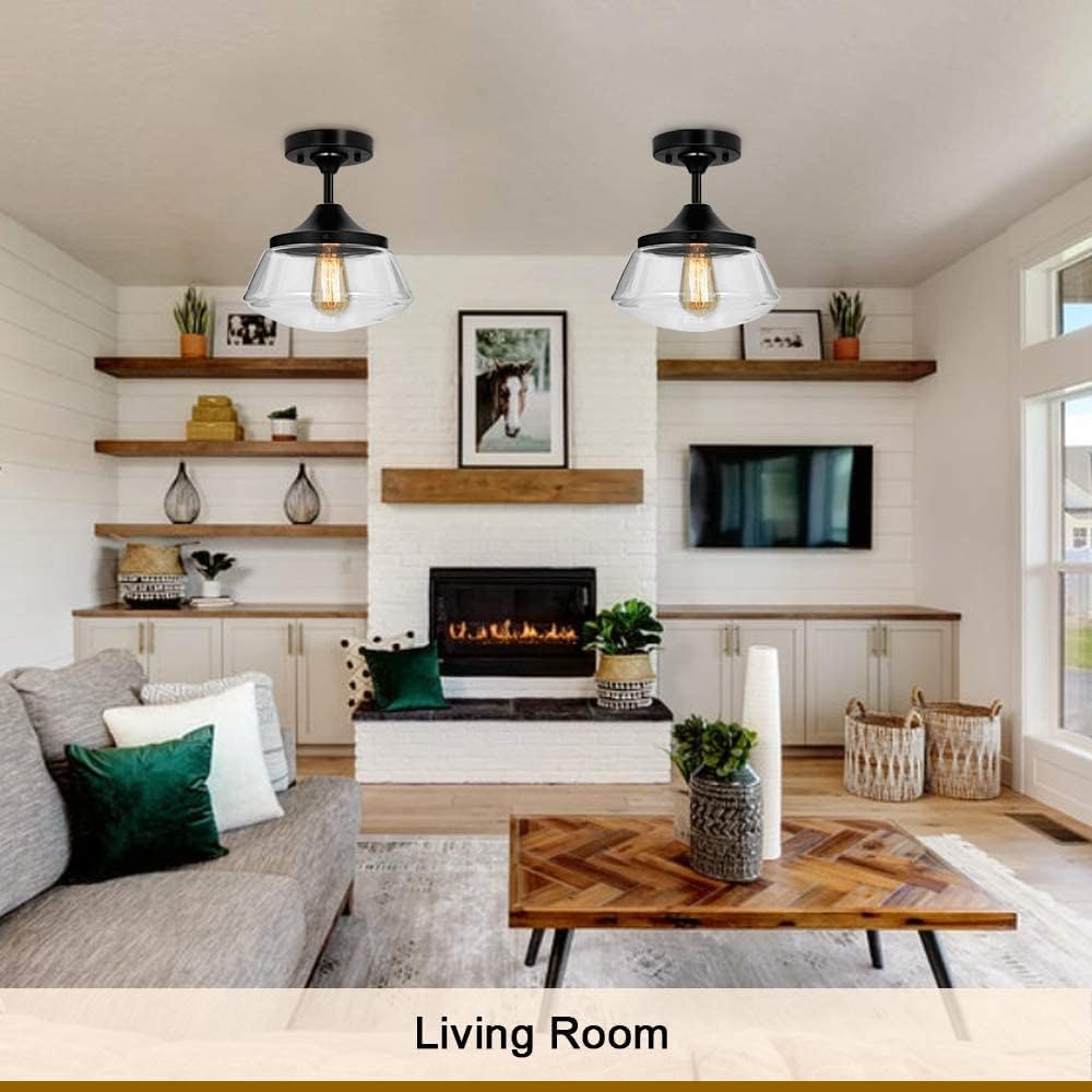 70% Off Discount Farmhouse Ceiling Light Fixture Glass, Semi Black Flush Mount Ceiling Light , Hallway Light Fixtures Ceiling for Kitchen Entryway Closet Bedroom Dining Room with Edison Bulb-2 Pack