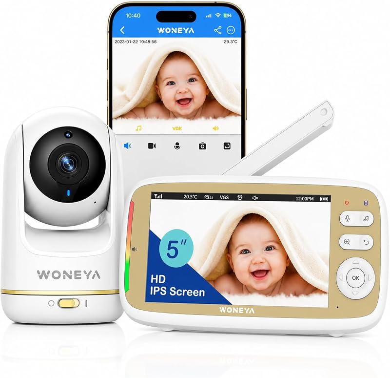 Monitor inteligente para bebés, pantalla IPS HD de 5", 1500 pies de largo alcance, batería de 48 horas, ruidos blancos y canciones de cuna, cámara HD 2K, zonas seguras personalizables, detección de movimiento, VOX, aplicación gratuita para teléfono seguro