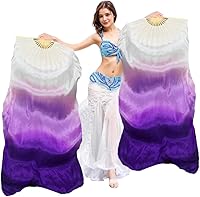 Vista 1 de 1 par de velos de seda hechos a mano para danza del vientre, abanicos largos de bambú para bailar (70.9 x 35.4 in, color blanco y morado)