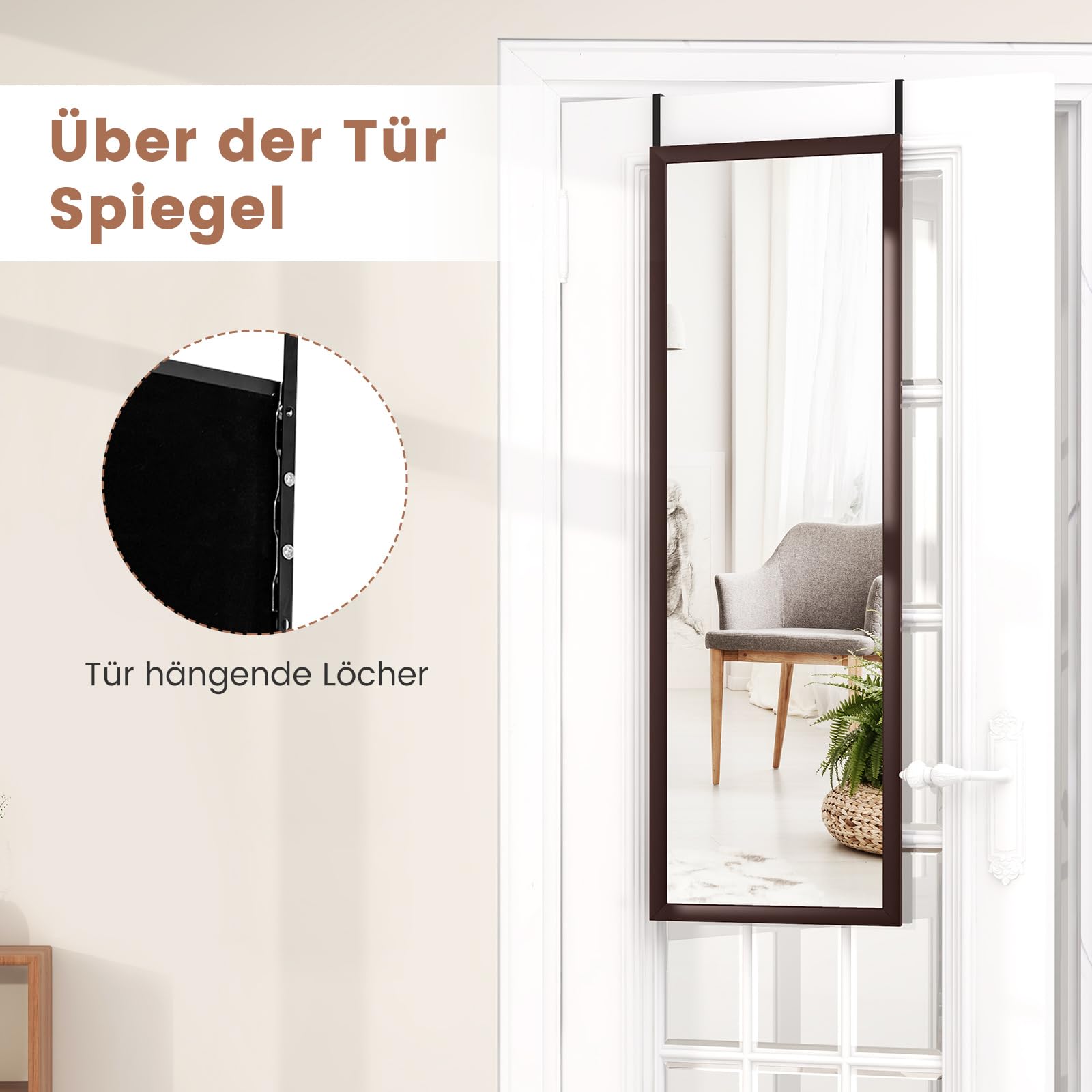 COSTWAY 37 x 120 cm full-body spiegel met in hoogte verstelbare hanghaken, wandspiegel, deurspiegel, hangspiegel, spiegel voor slaapkamer, woonkamer en entree (goud