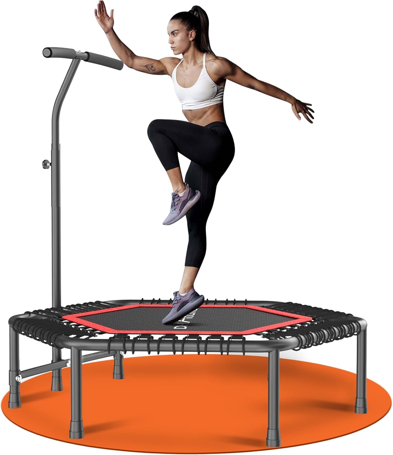 DH FitLife Trampolín Fitness Profesional Ø114 cm, Cama Elástica Interior para Adultos, Estructura Fija, 150 kg, Asa Ajustable 3 Niveles, Silencioso para Jumping Fitness