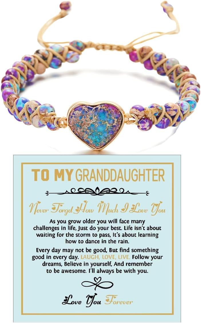 To My Granddaughter - Forever Love Jasper Heart Bracelet, You Are Always In Mine Heart From Grandma Natural Emperor Stone Double Layer Purple Beaded Woven Wrap Adjustable Mind Peace Gift Jewelry For Women
