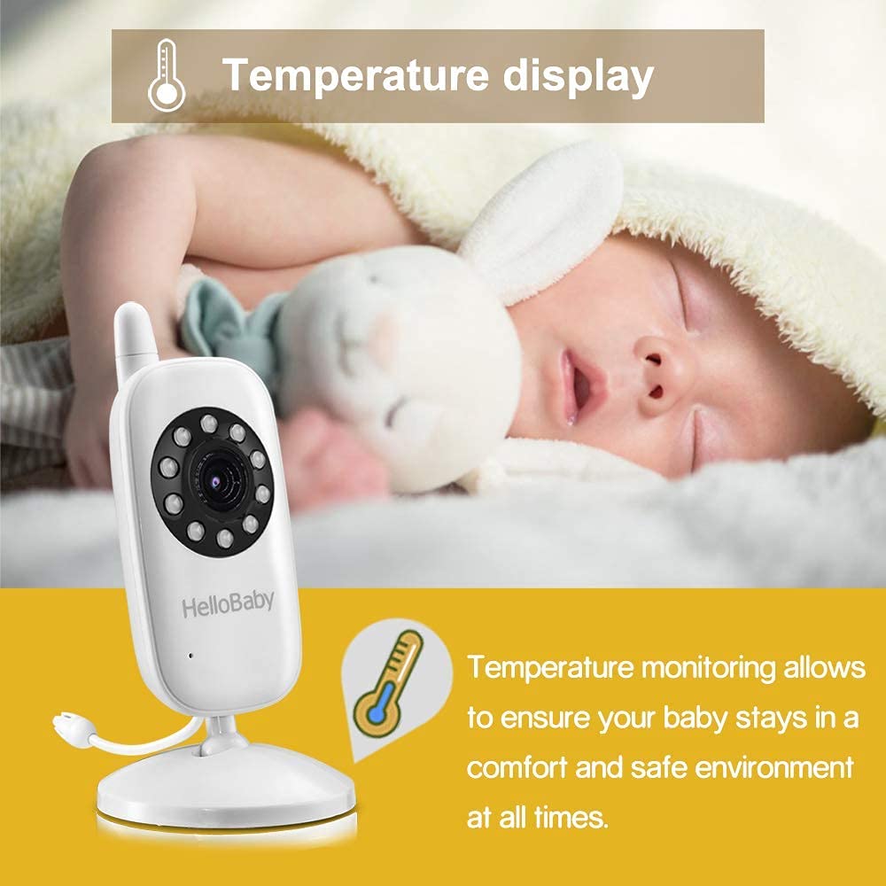 HelloBaby Video Baby Monitor with Camera and Audio - Infrared Night Vision | Two-Way Talk | Room Temperature | Lullabies | Long Range and High Capacity Battery : Baby