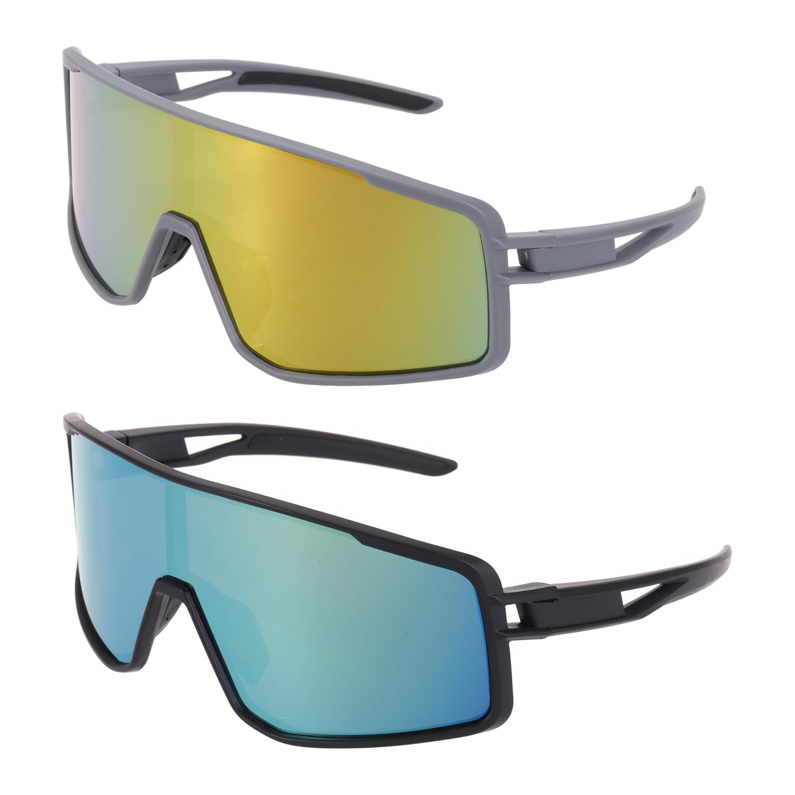 sourcing map 2Pcs Polarized Sports Sunglasses for Men Womens, UV400 Protection Cycling Sunglasses for Night Driving Running Skiing Fishing, Gray & Black Frame Glare Red & Glare Gold