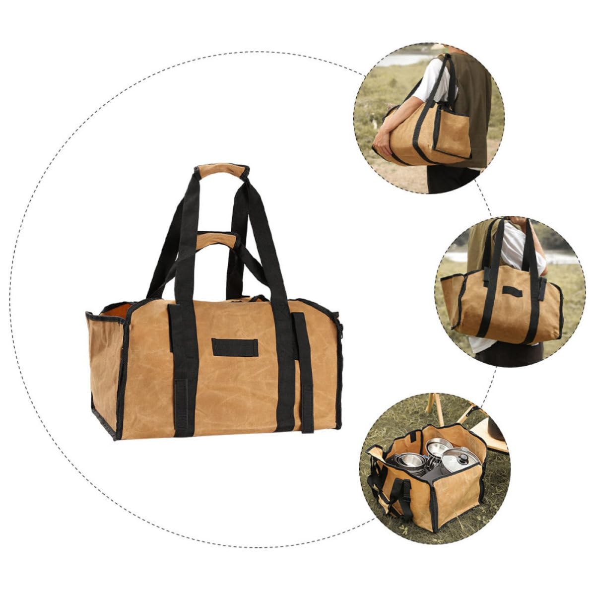 Borsa per Legna in Canvas Manici Doppi, Pratico Contenitore per Legna da Ardere, Borsa Portabile per Campeggio in Stile Semplice