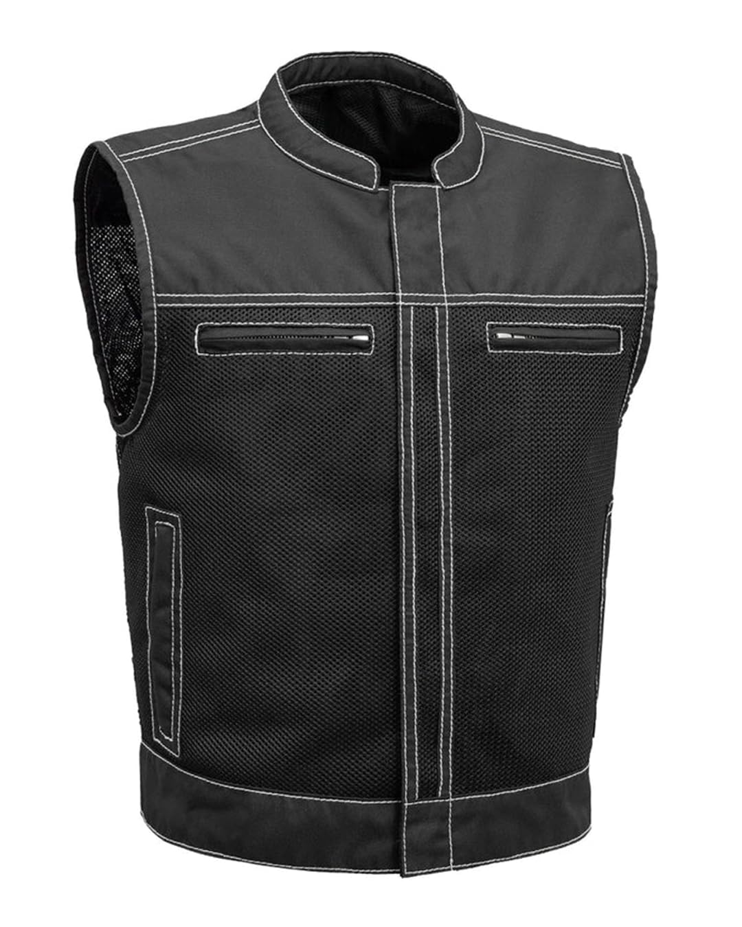 First Mfg Co Lowrider Mens Motorcycle Biker Riding Armor Club Style Black Leather, Twill, Moto Mesh, Perforated Vest