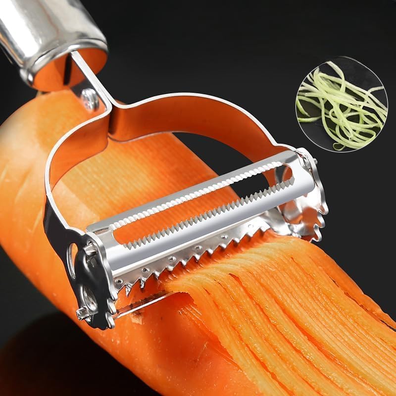 Image of RENRANRING 2-in-1 Stainless Steel Peeler for Kitchen | Vegetable & Fruit Peeler, Julienne Peeler and Sharp | Multifunctional, Rust-Free, Handles with Screw Thread (2 in 1 Silver)