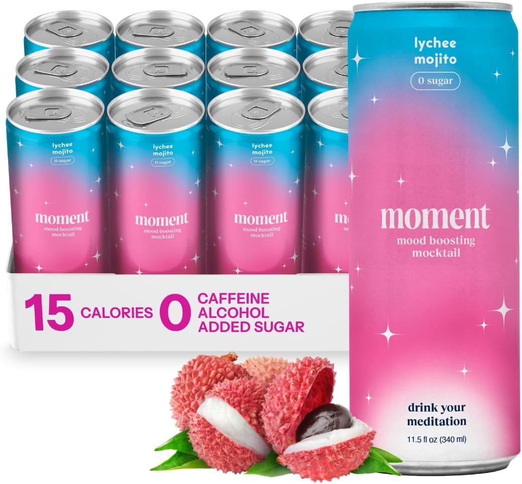 Moment Mocktails Non Alcoholic Drinks (Shark Tank) | Sparkling Lychee Mojito Adaptogen Drink | L-Theanine & Ashwagandha for Calm & Clarity | 0 Added Sugar 0 Caffeine | 12-pack