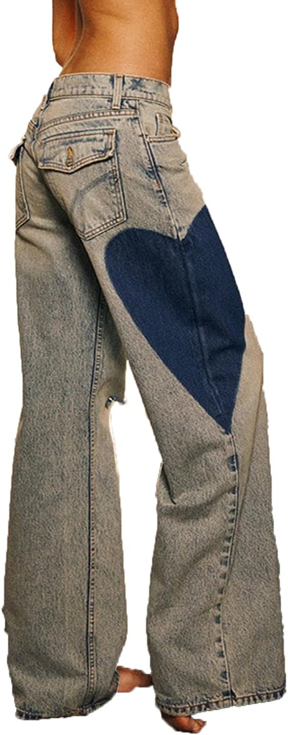 Mxiqqpltky Cute Jeans for Women Fairy Bow Print Wide Leg Denim Pants Y2k Baggy Straight Leg Jeans Casual Mom Jeans Streetwear