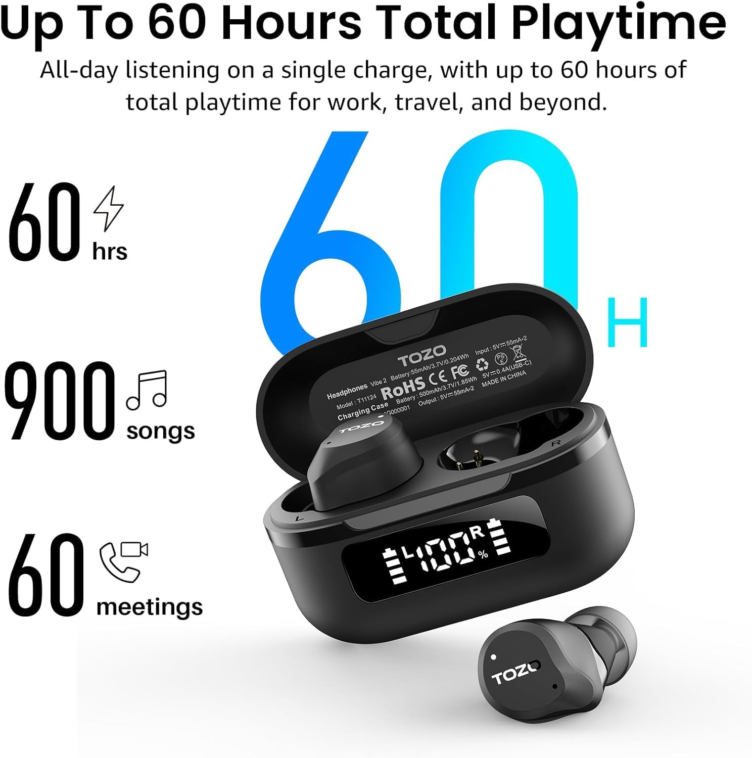 TOZO NC9 Cuffie Bluetooth 5.3 con ANC Ibrido, 6 Mics ENC | Suono OrigX 2.0, 60 Ore Modalità Trasparente, IPX8, Ricarica USB-C, Comode e Facili da Usare per Lavoro, Gioco e Commuting