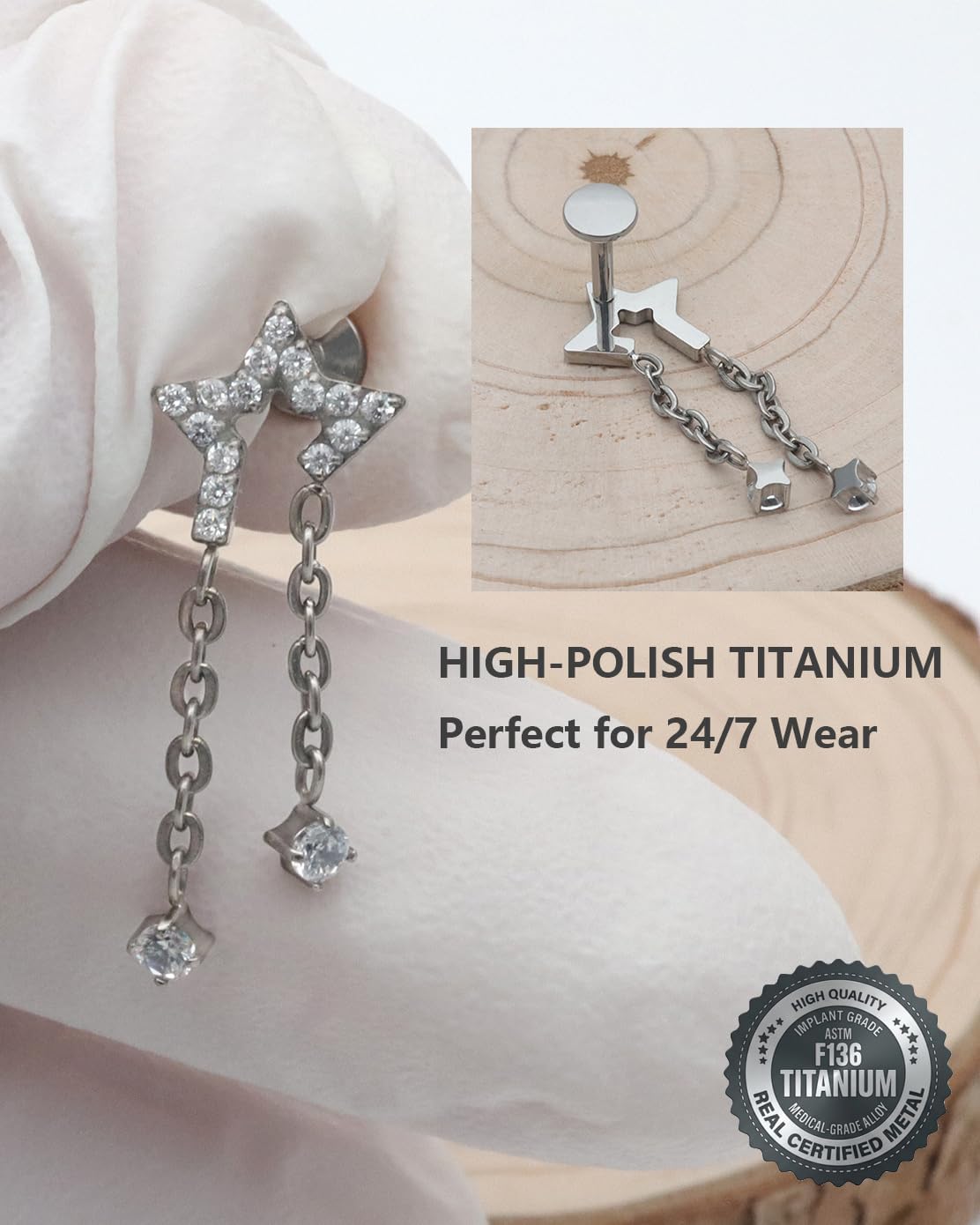 16G ASTM F136 Titanium Flat Back Cartilage Piercing for Helix Labret Stud Internally Threaded Star Double Chain Dangle Earring