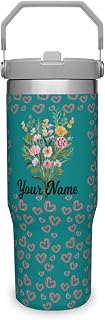 Personalized 30oz Stainless Steel Pastel Pink Heart Bouquet Name Tumbler with Straw-Leak Proof Insulated Flip Reusable Coffee Mug Cup Bear Water Bottle for Home-Birthday Gift for Women(Teal)