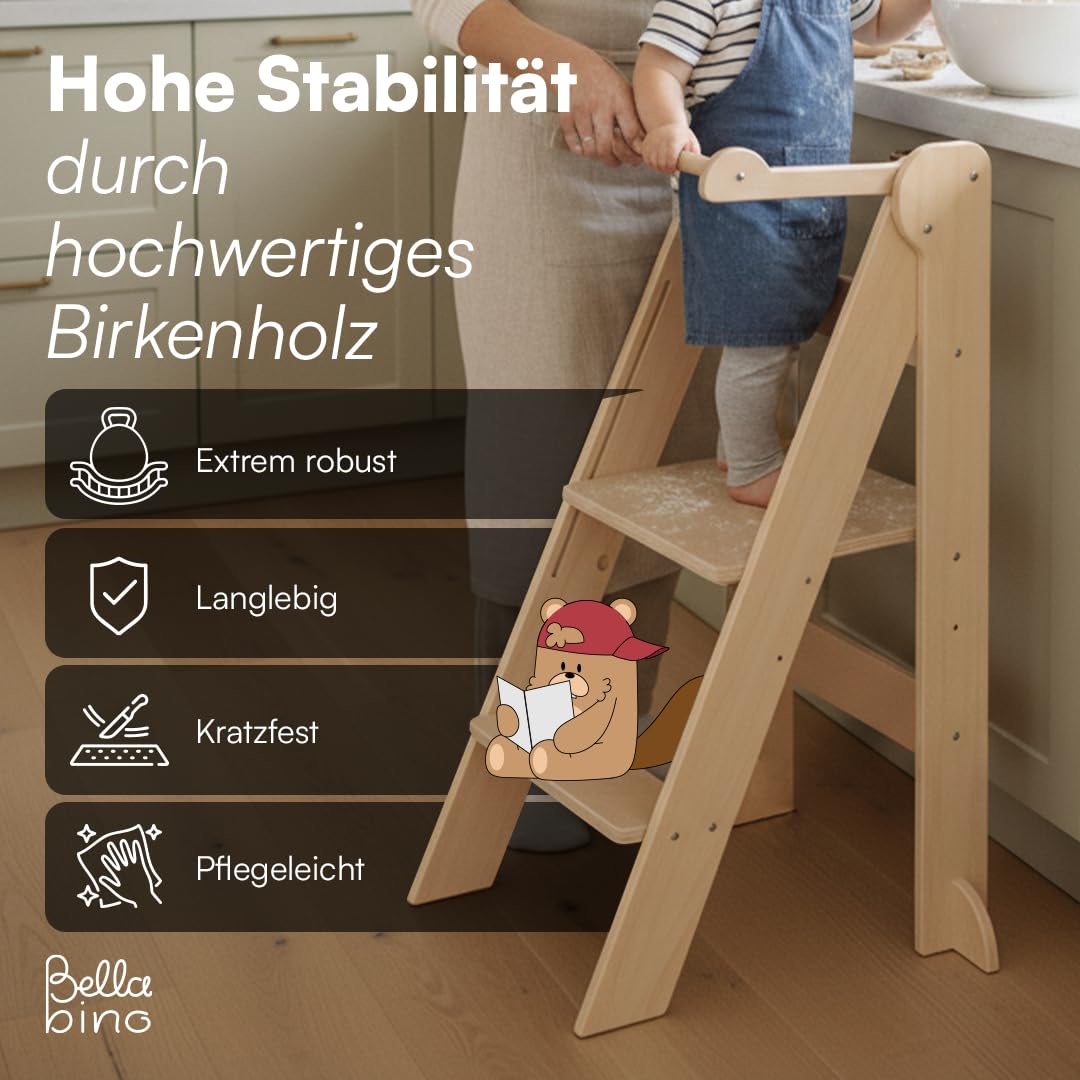 Bellabino Tay Lernturm ab 1 Jahr – Learning Tower 2-Fach höhenverstellbar & klappbar – Lernstuhl in Natur für Kinder – Montessori Stehturm aus Birkenholz – sicherer Tritthocker mit Kippschutz