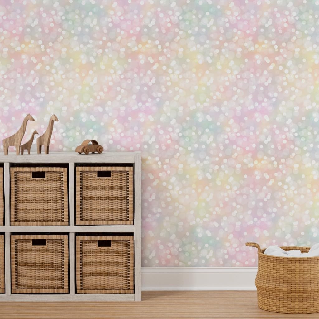 Peel & Stick Wallpaper 9ft x 2ft - Pastel Rainbow Small Bokehs Pink Cute Purple Colorful Feminine Kawaii Custom Removable Wallpaper by Spoonflower