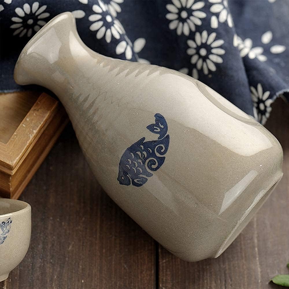 Ceramic Cup Crafts Wine Glass,Japanese Sake Set, 5 Piece Sake Cup Set, Traditional Hand Painted Quaint Fish Pattern Design, for Cold/Warm/Shochu/Tea Best Gift for Family and Friends