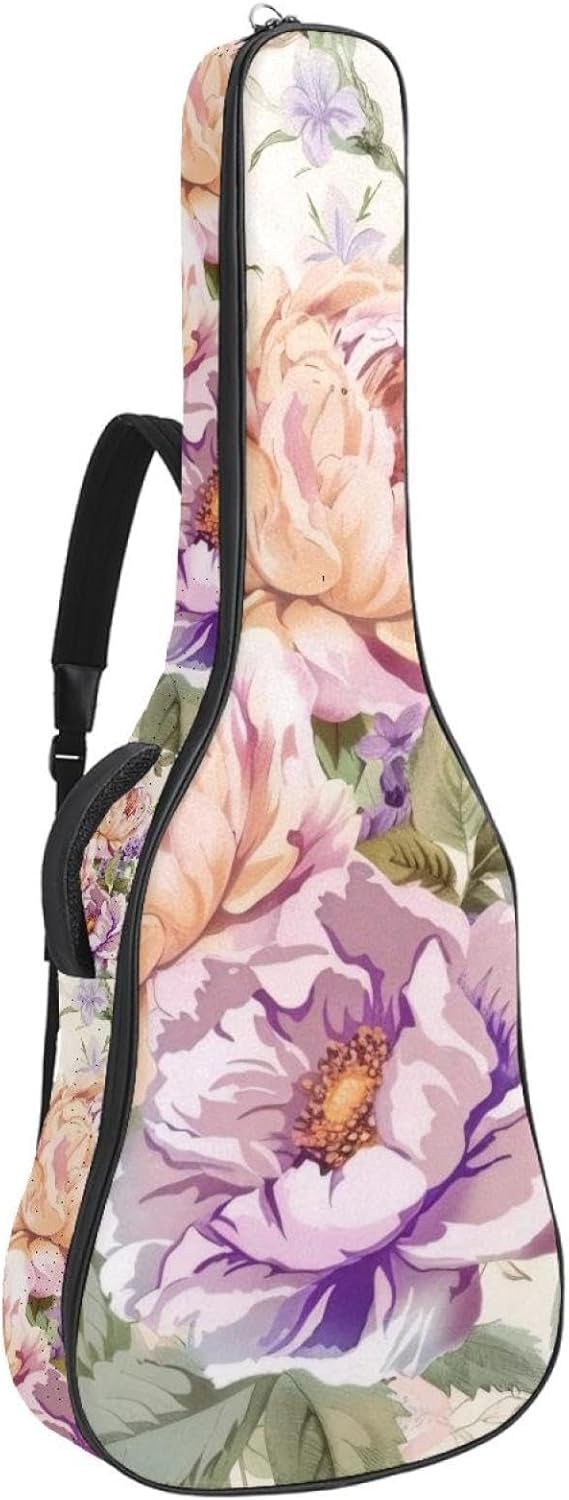Acoustic Guitar Gig Bag 1 cm Thick Padding, Waterproof Electric Guitar Bag 40-42 Inch Guitar Case Backpack with Dual Shoulder Strap, Blooming Roses Lavender Peony and Leaves