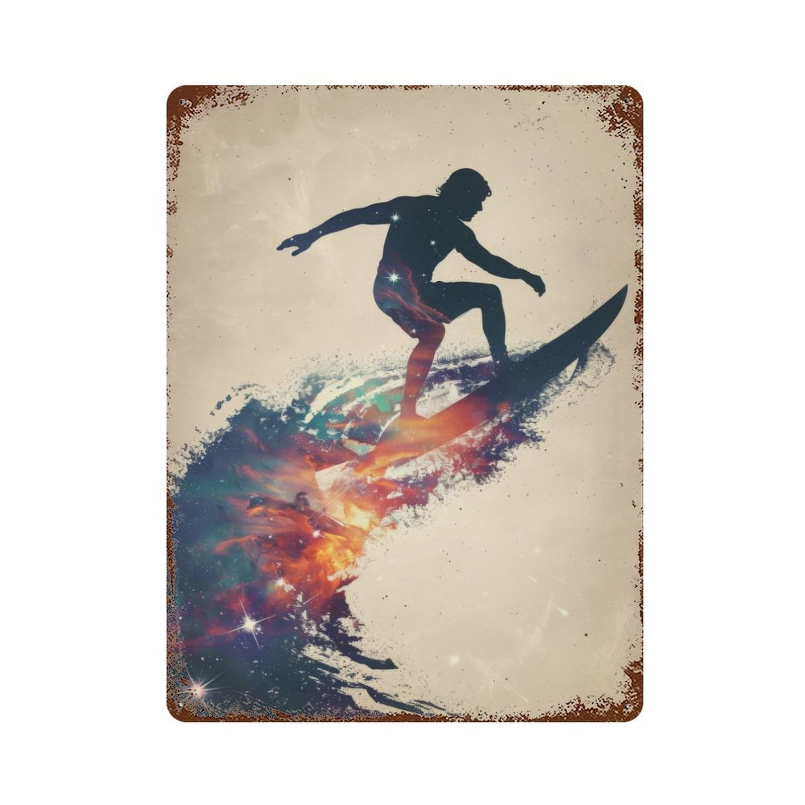 Surfing Galaxy Silhouette Rusty Metal Tin Sign 15.7"x11.8", Ideal for Pub, Kitchen And Man Cave Decor