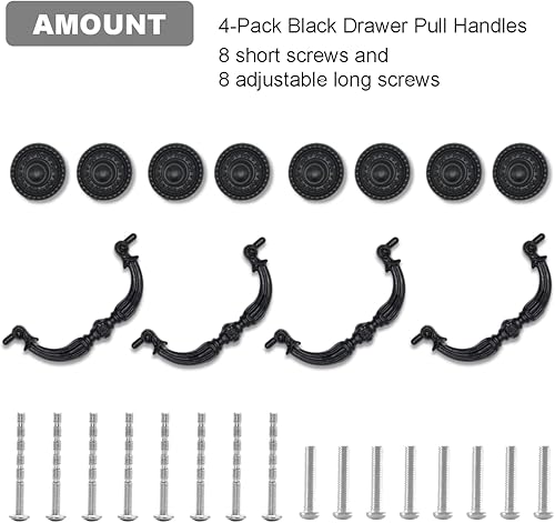 Miniatura 2 de Paquete de 4 manijas negras para cajones, estilo vintage elegante de 3.5 x 1.57 pulgadas (3.543 x 1.575 in), manijas antiguas para mejorar armarios