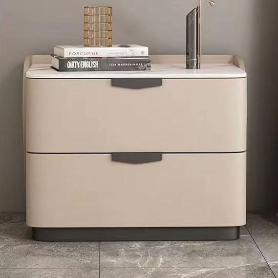 Simple Modern Wide Solid Wood Bedside Table with Two Storage Drawers, Cream Style Nightstand No Assembly Required with Tempered Glass Top, Night Stand for Bedroom Living Room(B)