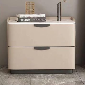 Simple Modern Wide Solid Wood Bedside Table with Two Storage Drawers, Cream Style Nightstand No Assembly Required with Tempered Glass Top, Night Stand for Bedroom Living Room(B)