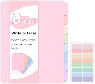 SKYDUE Durable Plastic 8-Tab Dividers, Big Tab Dividers for 3 Ring Binder, Write&Erase 3 Ring Binder Dividers with Tabs,with Sticker Labels, 1 Set, Pastel Color