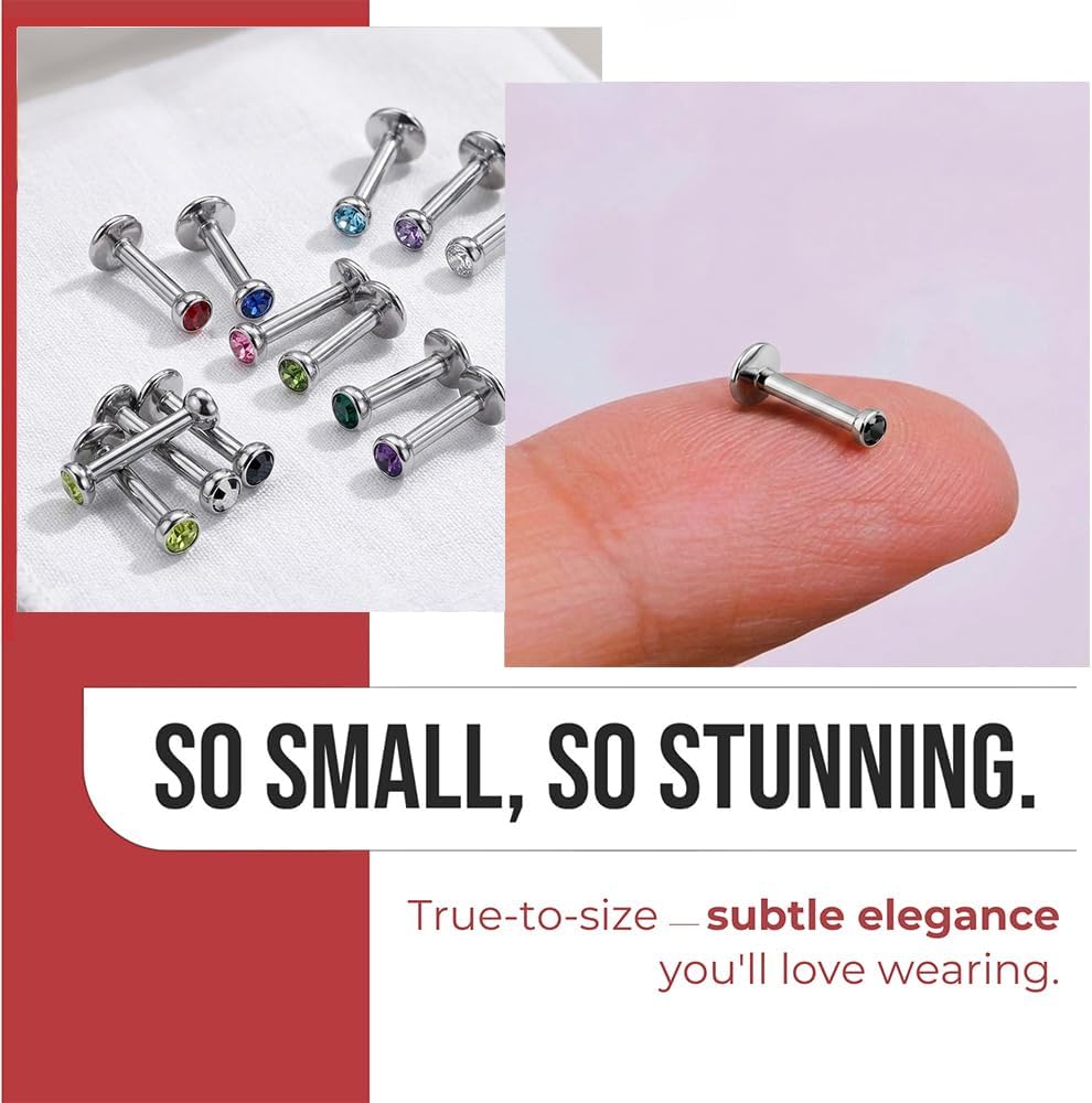 Crystal Stone 2mm Internally Threaded Ball Top 16 Gauge 316L Surgical Steel Lip Labret - Tragus Bar Piercing - Labret Stud Helix - Tragus Piercing Jewelry