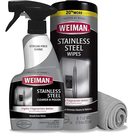 Weiman Stainless Steel Cleaner Kit - Fingerprint Resistant, Removes Residue, Water Marks and Grease from Appliances - Works Great on Refrigerators, Dishwashers, Ovens, and Grills - Packaging May Vary