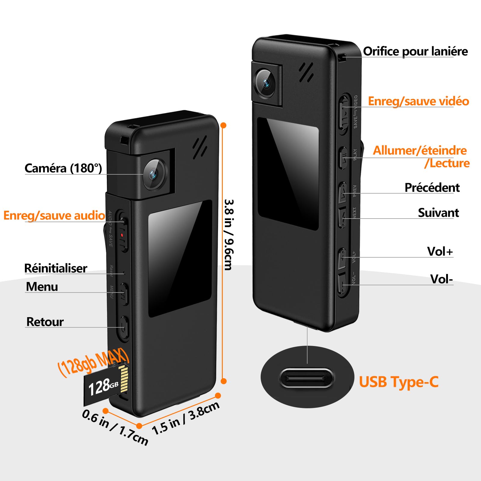 A32 128GB Caméra de Corps, Caméra Corporelle Portable avec Objectif Rotatif 180° et Détection de Mouvement, Caméscope 1080P avec Enregistrement Audio et Vidéo pour Outdoor Sports Police Livrais