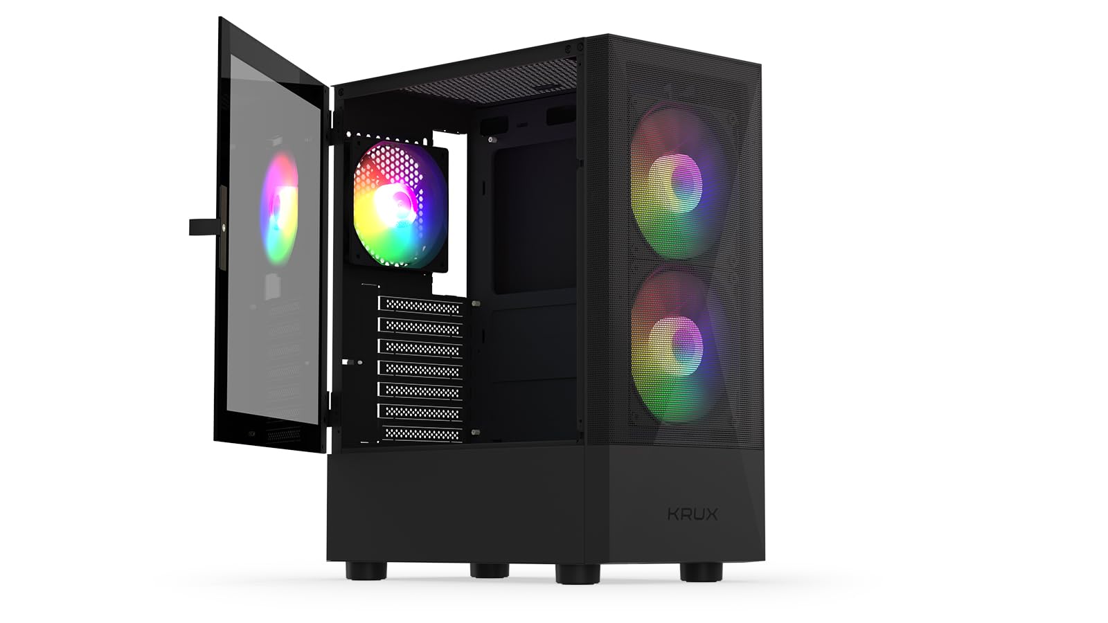 KRUX Vako ARGB, Obudowa PC ATX, okno ze szkła hartowanego na zawiasach, 3 wentylatory RGB (2x140mm, 1x120mm), struktura Mesh, USB 3.0, wsparcie AIO 240mm, GPU do 310mm, czarna