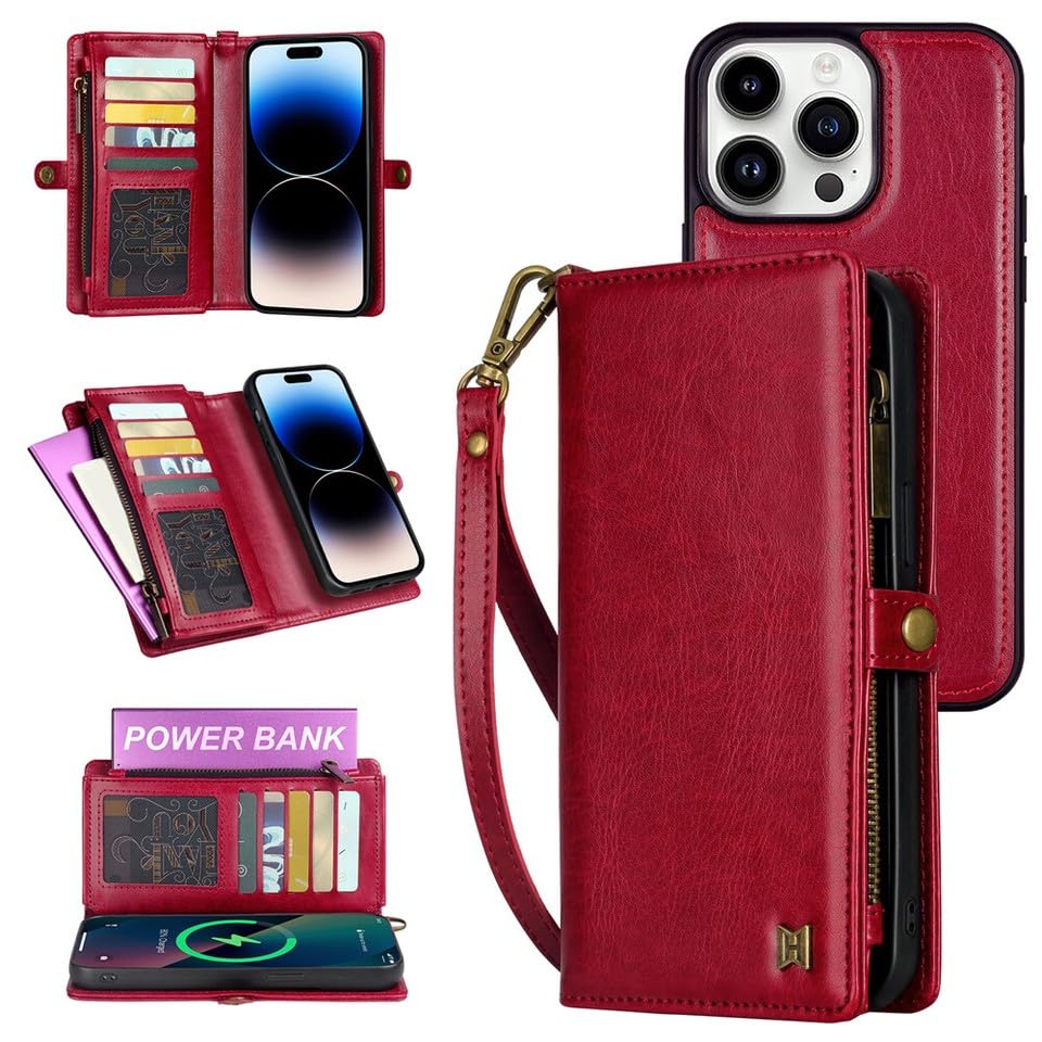Flip cover iPhone 15 Pro Max 6,7 pouces portefeuille en cuir de luxe rouge magnétique