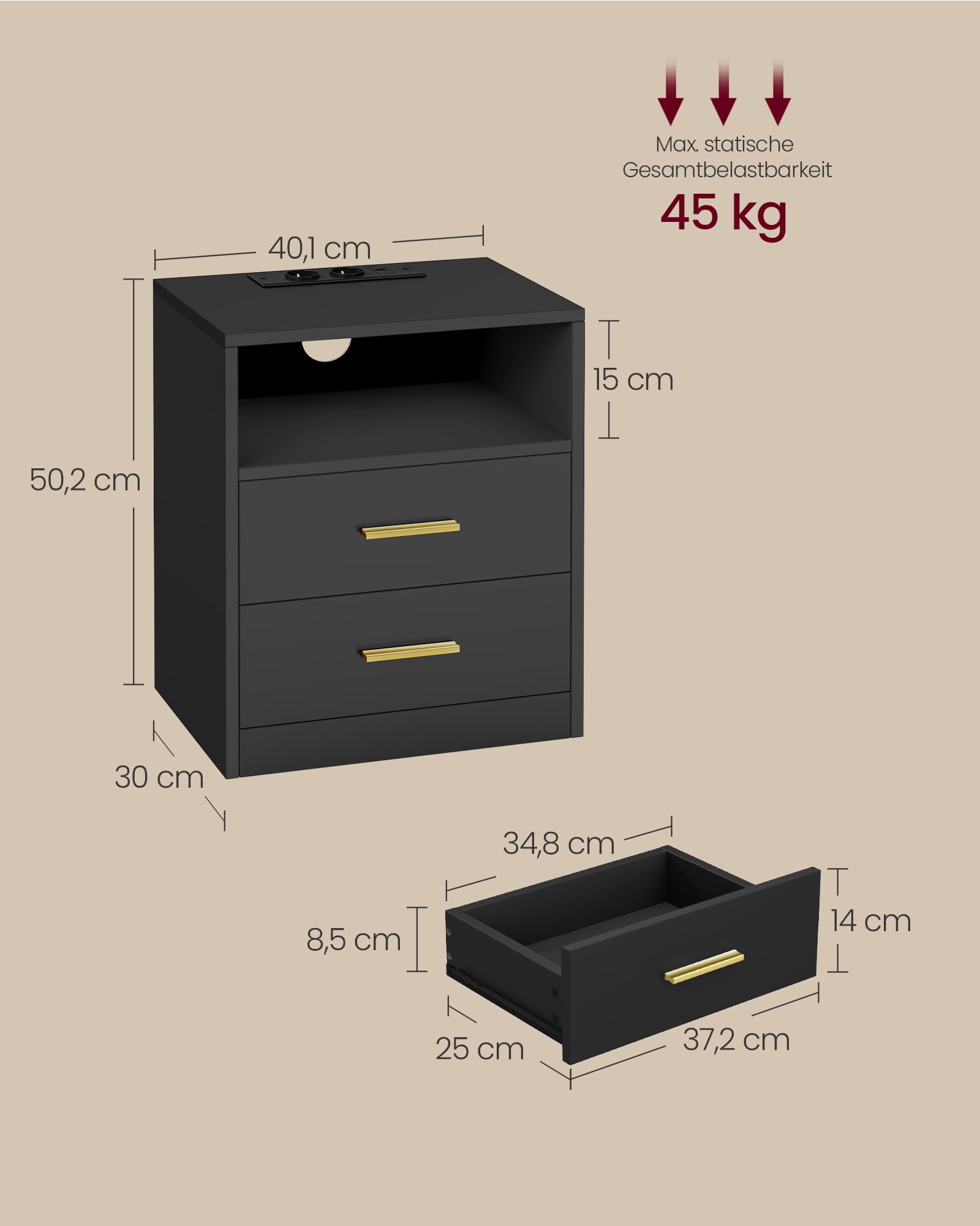 VASAGLE Custos Kollektion - Nachttisch mit Ladestation, 2er Set, LED-Beleuchtung, Beistelltisch, modern, mit Schubladen, 2 AC-Steckdosen und USB-Anschlüssen, tintenschwarz LET829BC01