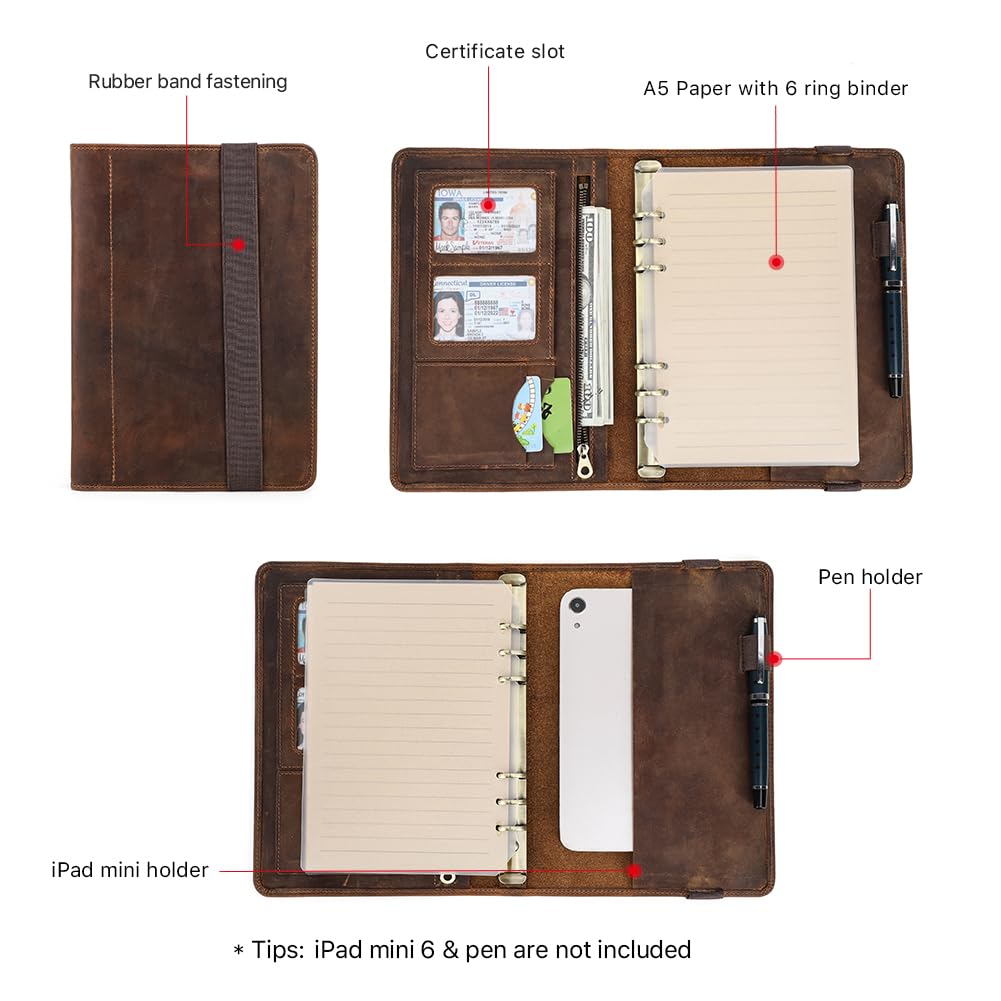 Hiram Custodia in pelle per notebook A5 con raccoglitore a 6 anelli multifunzione in pelle A5 cartella per notebook con tasca per tablet per ipad mini