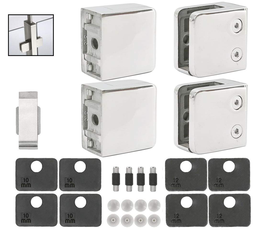 Stainless Steel 316 Heavy Duty Square Glass Clamp, 55 x 55 mm, For 3/8" or " Tempered/Laminated Glass, Mirror Finish, 4-Pack