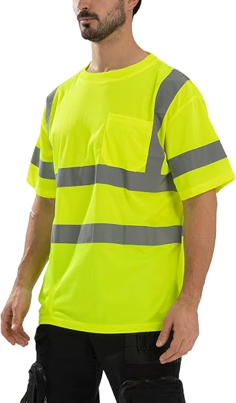 SRsafety Hi Vis Shirts for Men,Class 3 Work Shirts with Reflective Tape and Pocket,Safety T-Shirts Breathable