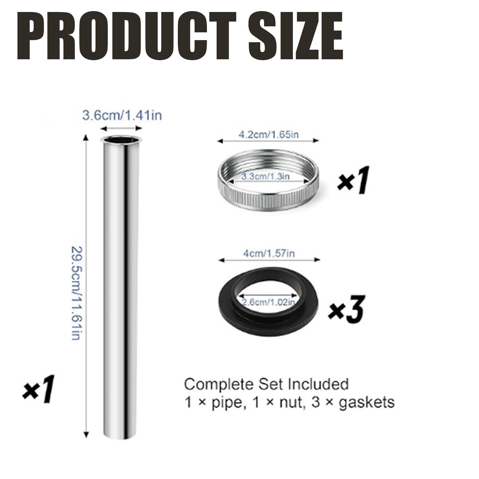 Tubo di Prolunga per Scarico Lungo 300mm, Tubo di Immersione Sifone in Acciaio Inox Sifone Lavabo Bagno, Scarico Lavandino Bagno con Dado e 3 Anelli di Tenuta per Lavabo, 1 1/4 pollici x 32 mm