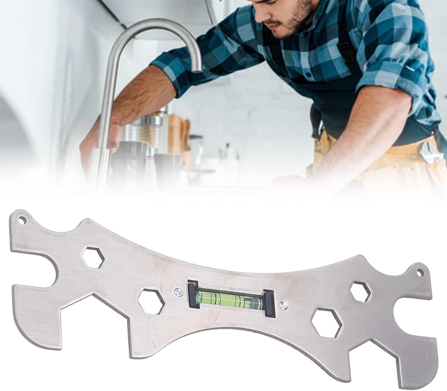 Faucet Wrench with Bubble Level Universal Shower Install Tool Multifunctional Plumbing Wrench for Bathroom Fixture Installation