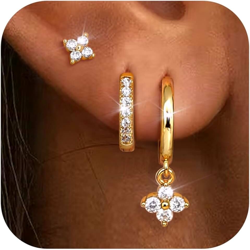 Dochais 3 Paar Ohrringe Gold Set, 14K Vergoldete Ohrstecker Ohrringe Creolen mit Anhänger, Hypoaller