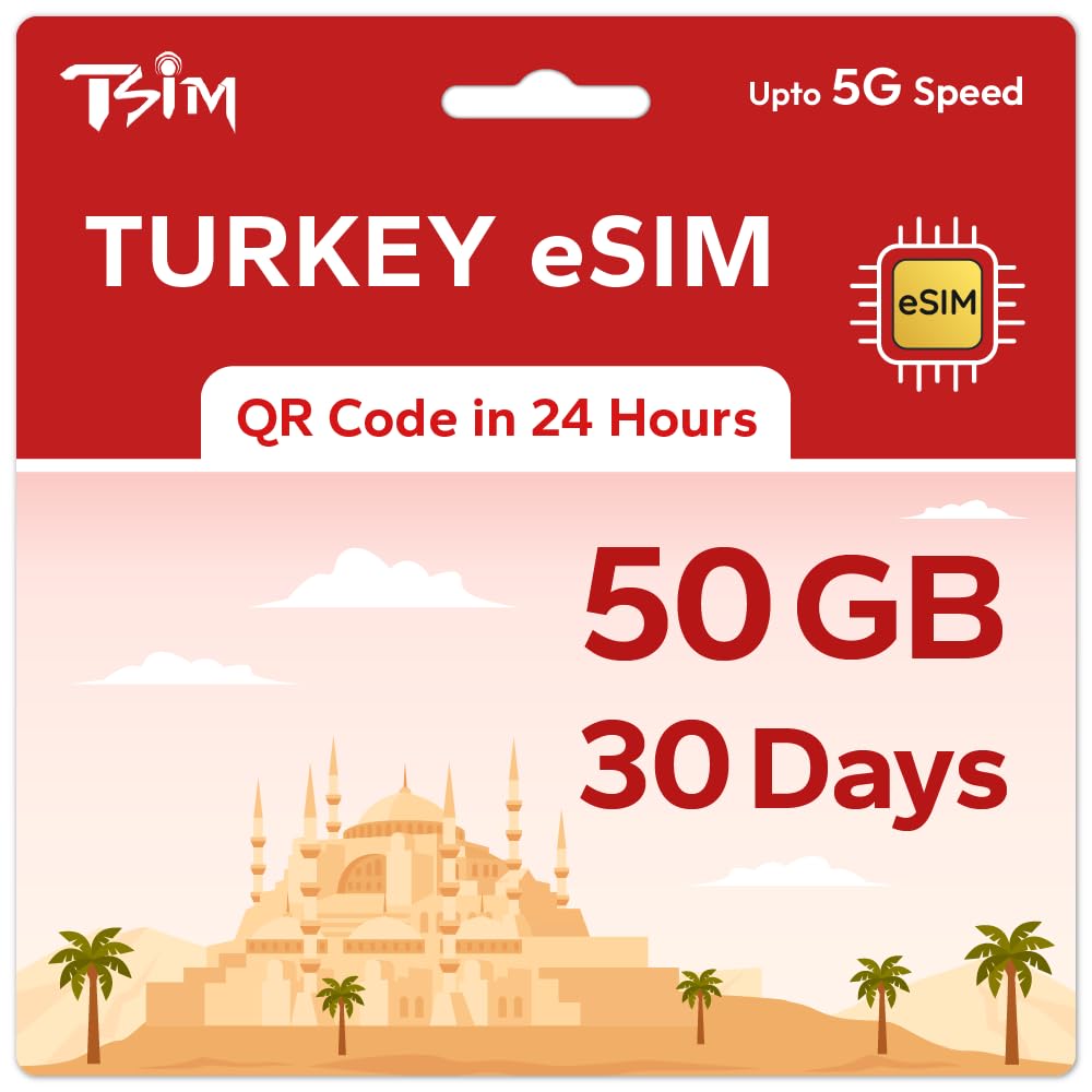 TSIM eSIM prepagada para Turquía para viajes | 30 días de velocidad 50 GB 5G | Punto de acceso permitido | Código QR eSIM enviado por correo electrónico dentro de las 24 horas posteriores al envío |