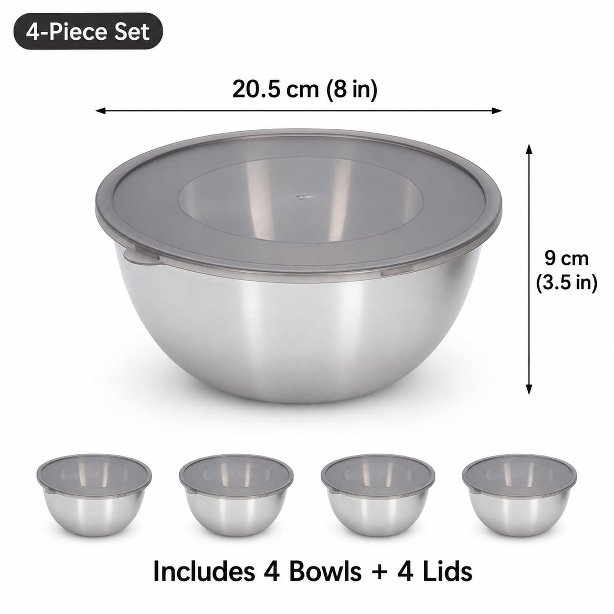 Cuencos de acero inoxidable con tapa, juego de 4 para cocina, pasta y ensalada | Aspecto de metal cepillado, cocina y pastelería, apilable con protección, para reposar masa, preparación y nevera