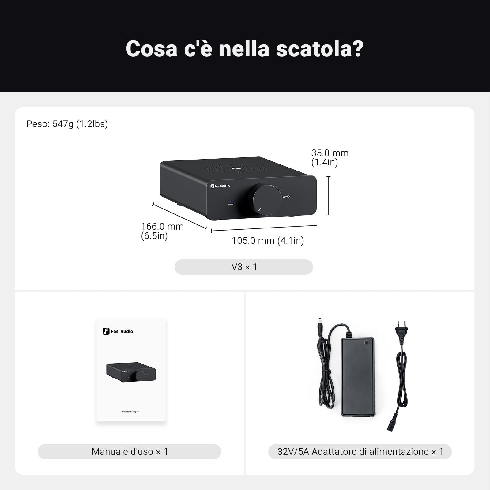 Fosi Audio V3 Amplificatore Audio, 300Wx2, Chip TPA3255, Mini Amplificatore HiFi Stereo, 2 Op-Amp TI NE5532 Sostituibili, Design Innovativo Dissipazione del Calore, con alimentazione 32V/5A