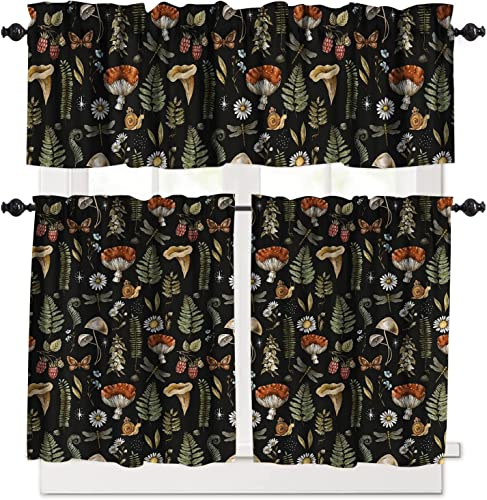 HROZINO Mushroom Kitchen Window Tier Curtains and Valance 3 Pieces