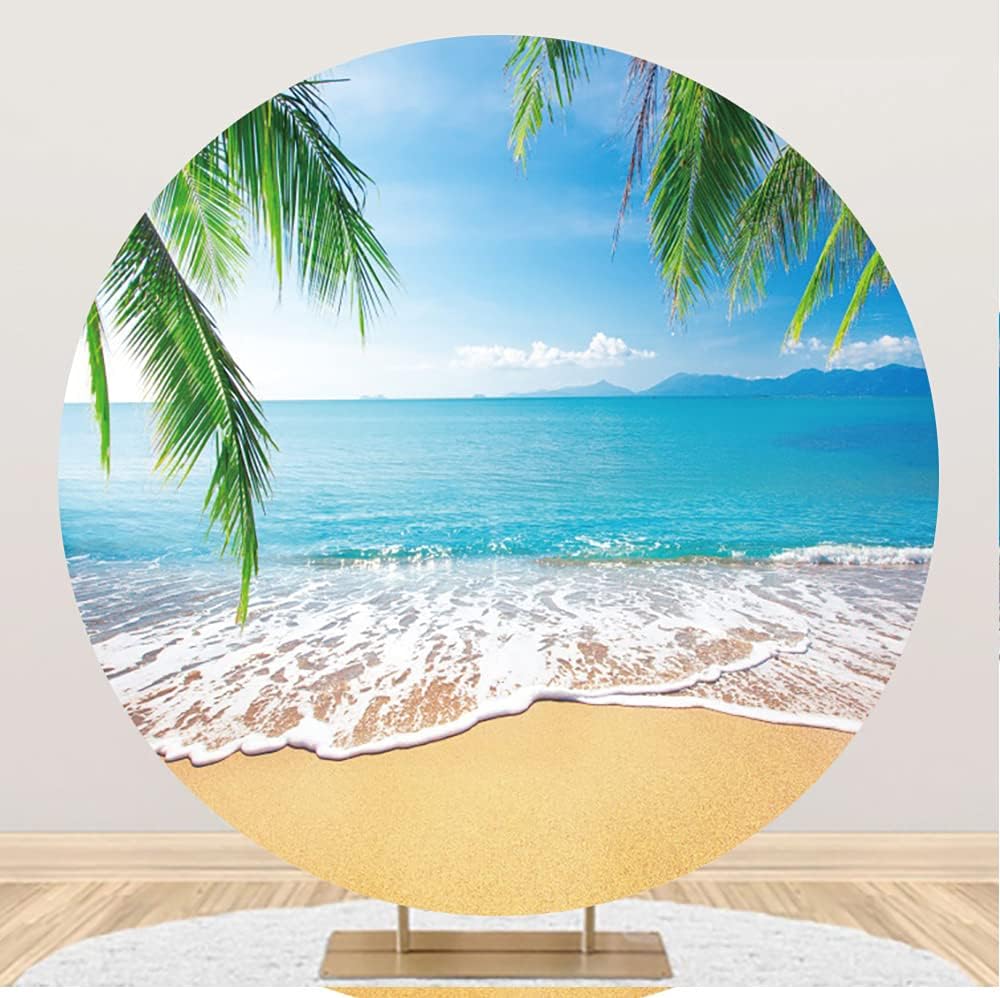 Summer Tropical Beach Round Backdrop Cover Hawaii Sand Beach Palm Sea Round Backdrop (No Stand) for Theme Party Decorations 7.2ft (220cm) Circle Backdrop Cover Photo Studio Props