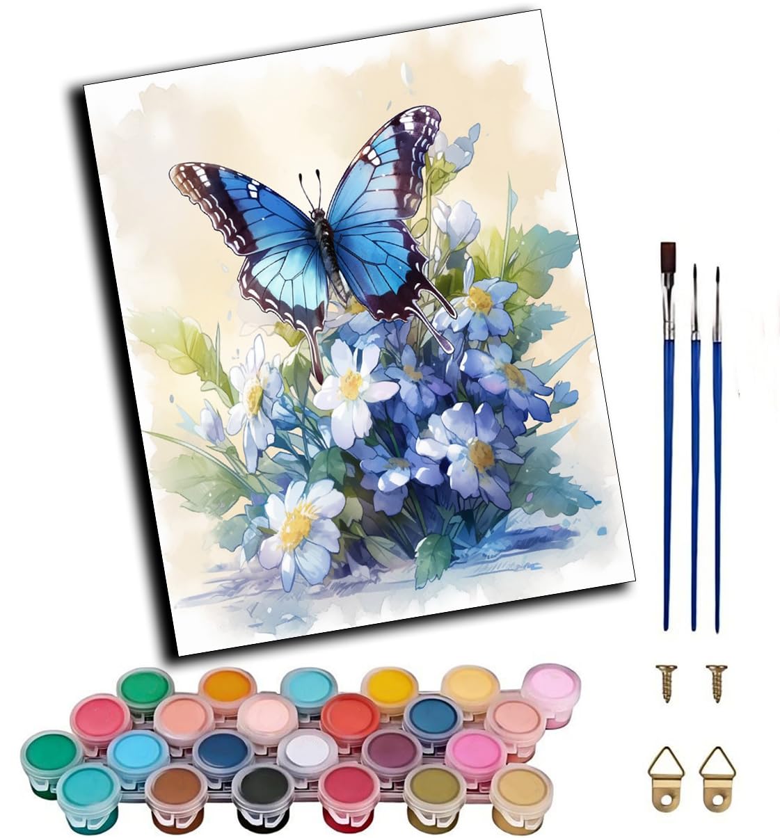 CAOGUANYU Paint by Numbers-Blue Butterfly Flower DIY Canvas Oil Painting Kit for Adults Beginner with Paint Brushes and Acrylic Pigment,16X20 Inch,Frameless
